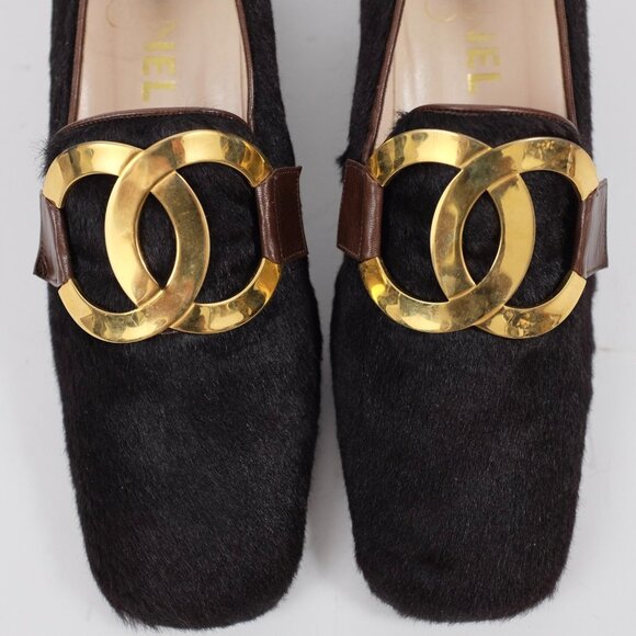 CHANEL shoes 39 US 9 pony hair XL huge CC logo buckle low 2" heel Vintage 1995 - Picture 3 of 11